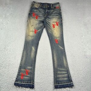 Valabasas V-Minimal Jeans Women's 18 Blue Distressed Patch Stacked Flare